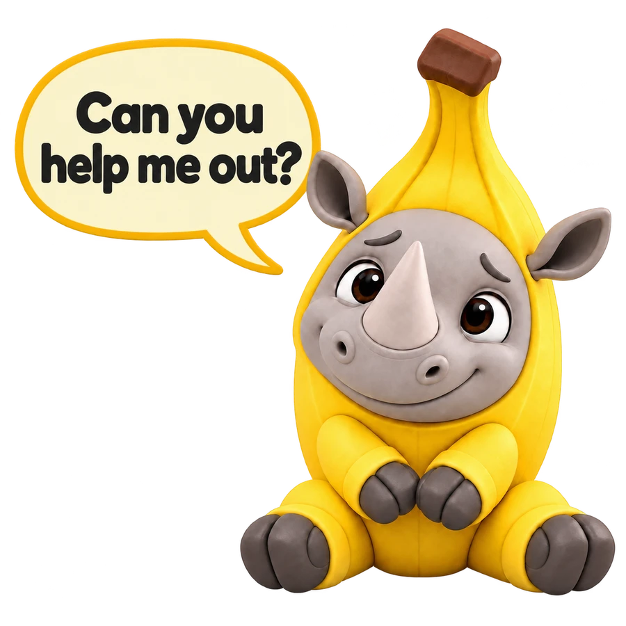 The hopeful seated Rhino Banana mascot saying: Can you help me out?